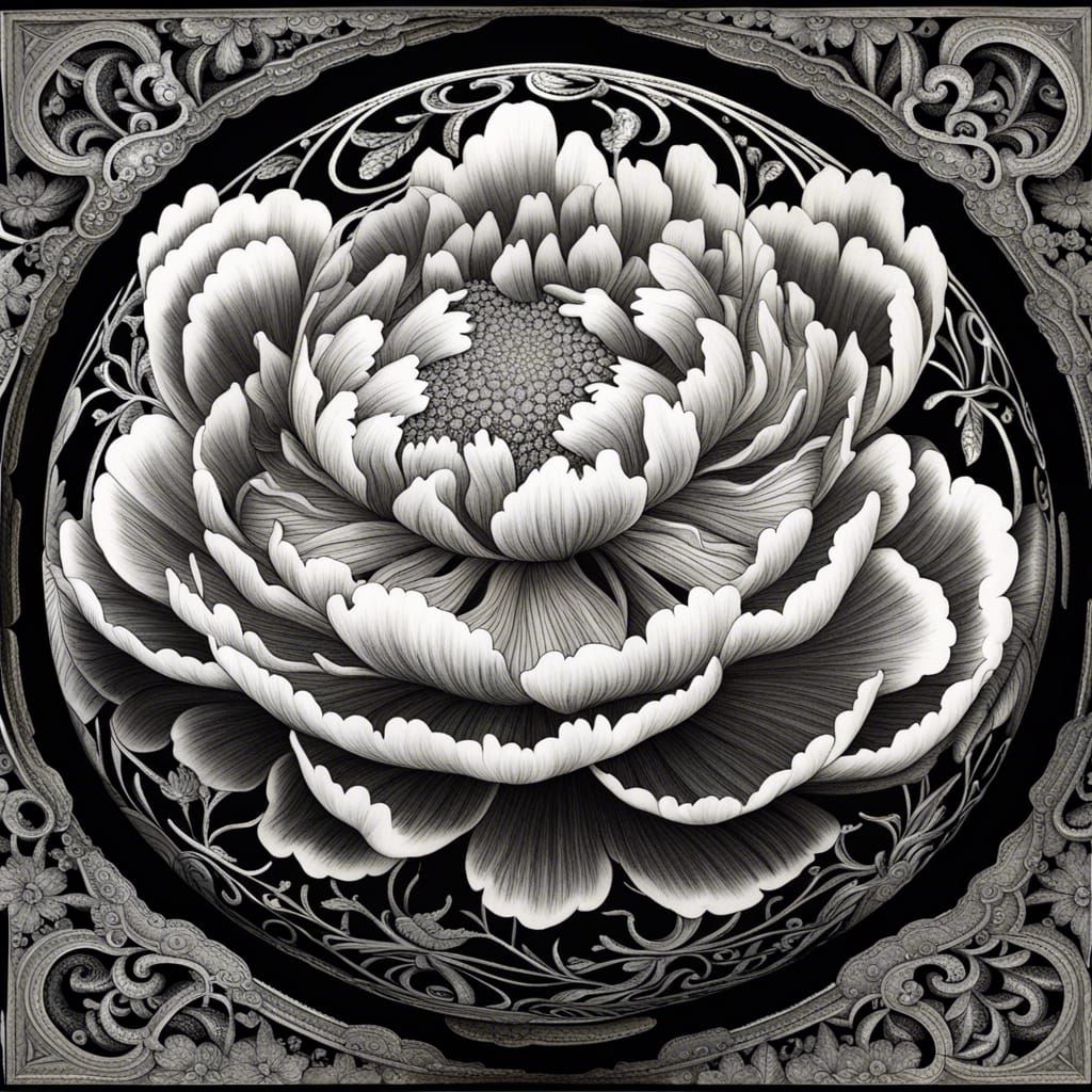 Intricate Ink Drawing: Universe in a Peony Orb
