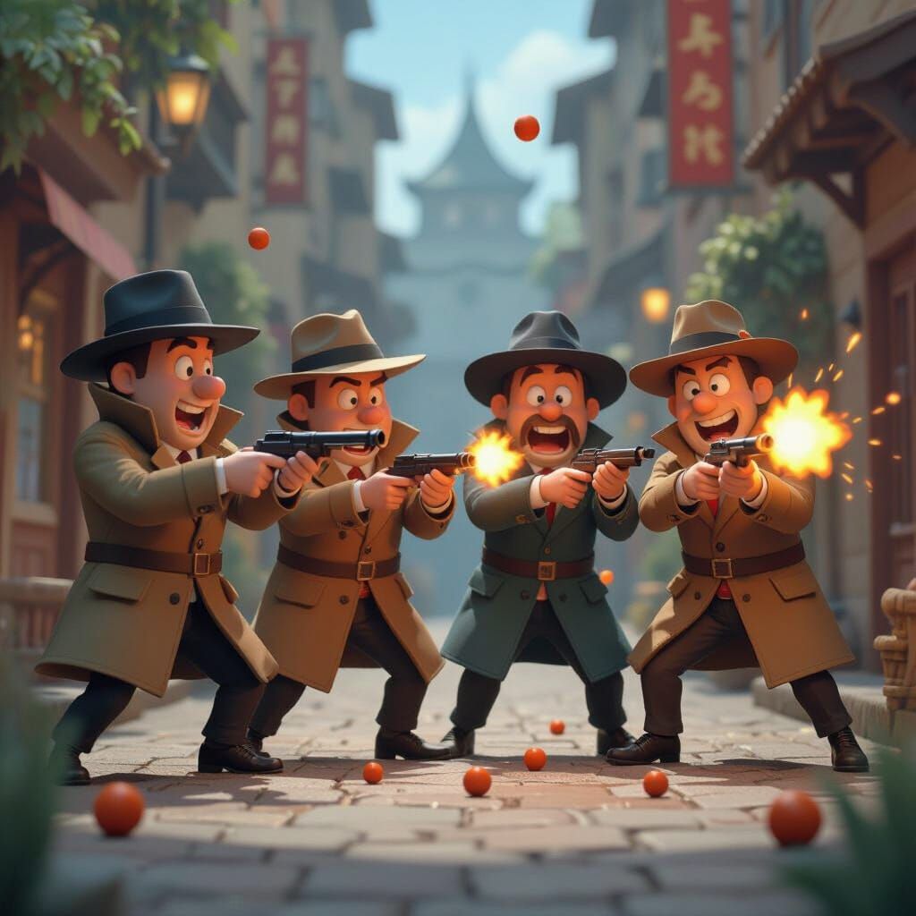 Cartoon Gangsters Shooting Clay Targets in Matte Painting St...