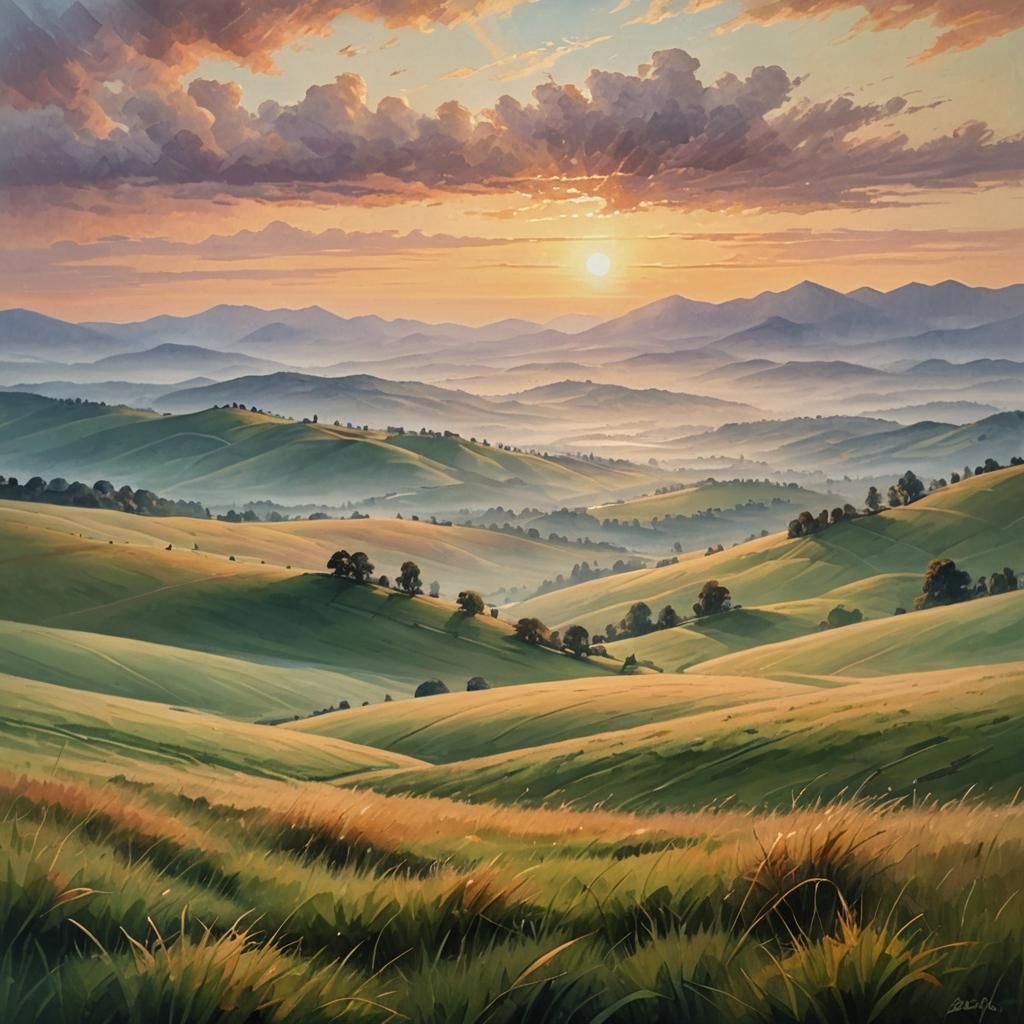 Misty Mountain Vista in Vibrant Oil Painting