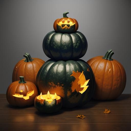Glowing Pumpkins Stacked High: Fantasy Oil Painting