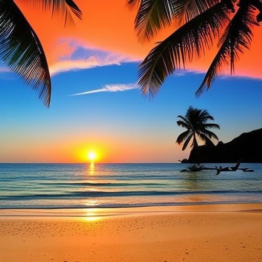 Tropical Beach Sunset with Palm Trees and Birds