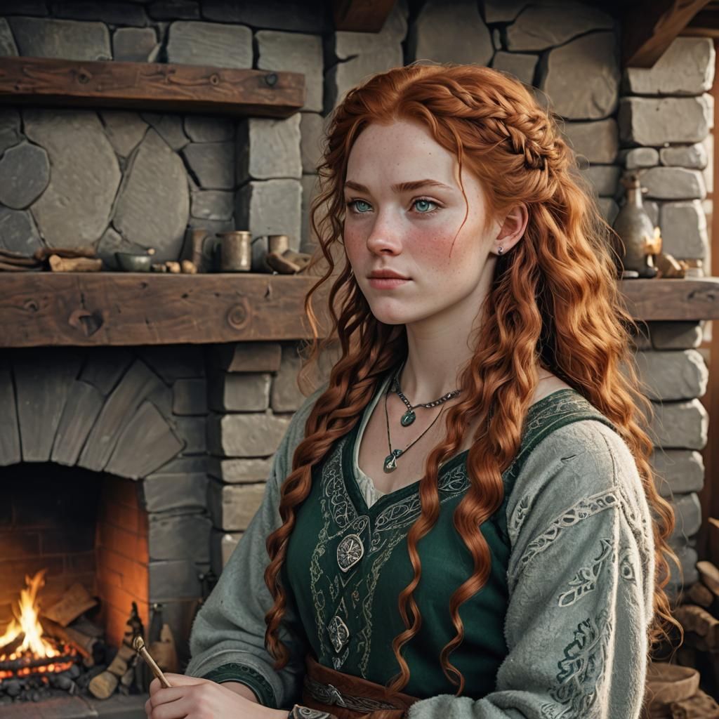Hyperrealistic Norse Girl Singing by Fireplace