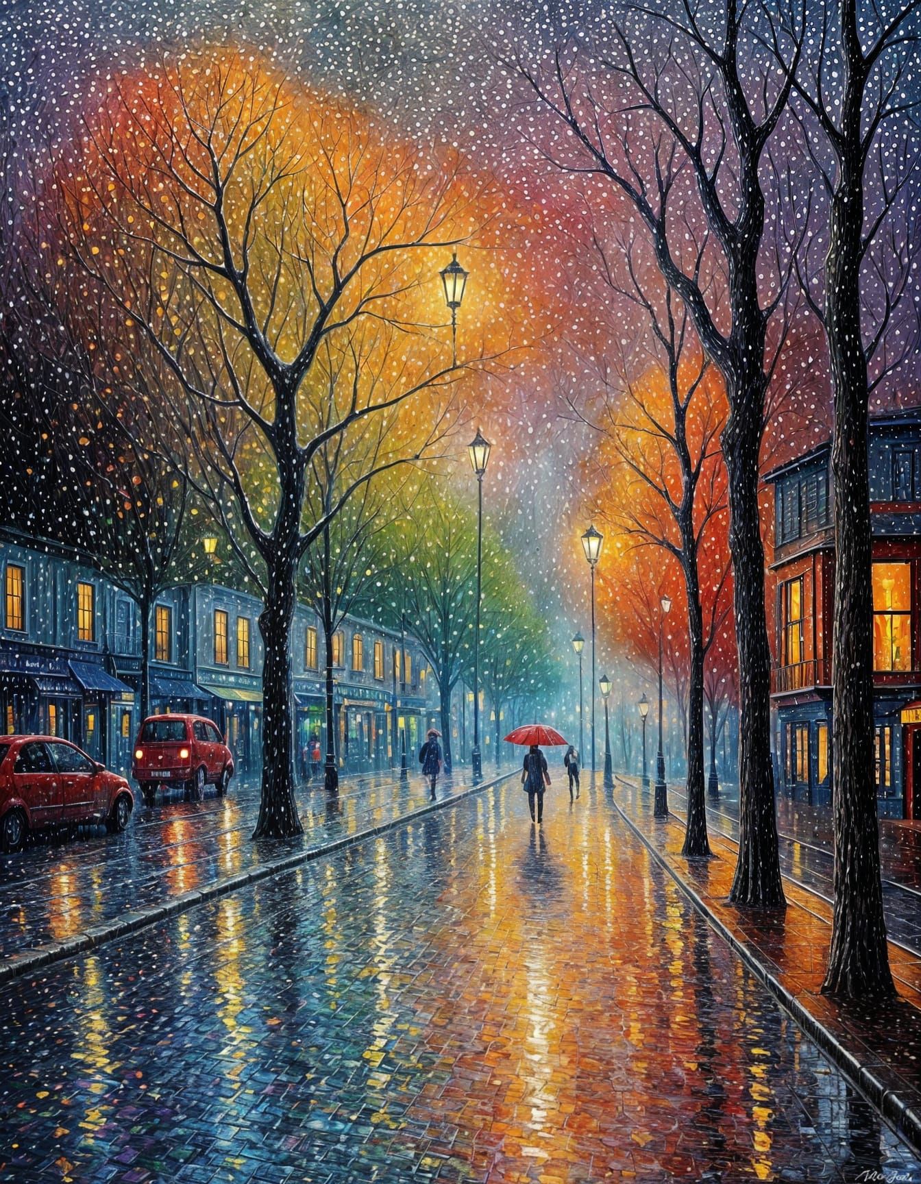 Pointillist Painting of a Moody Rainy Landscape