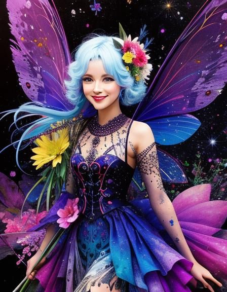 Cheerful Fairy with Floral Ink Splatters