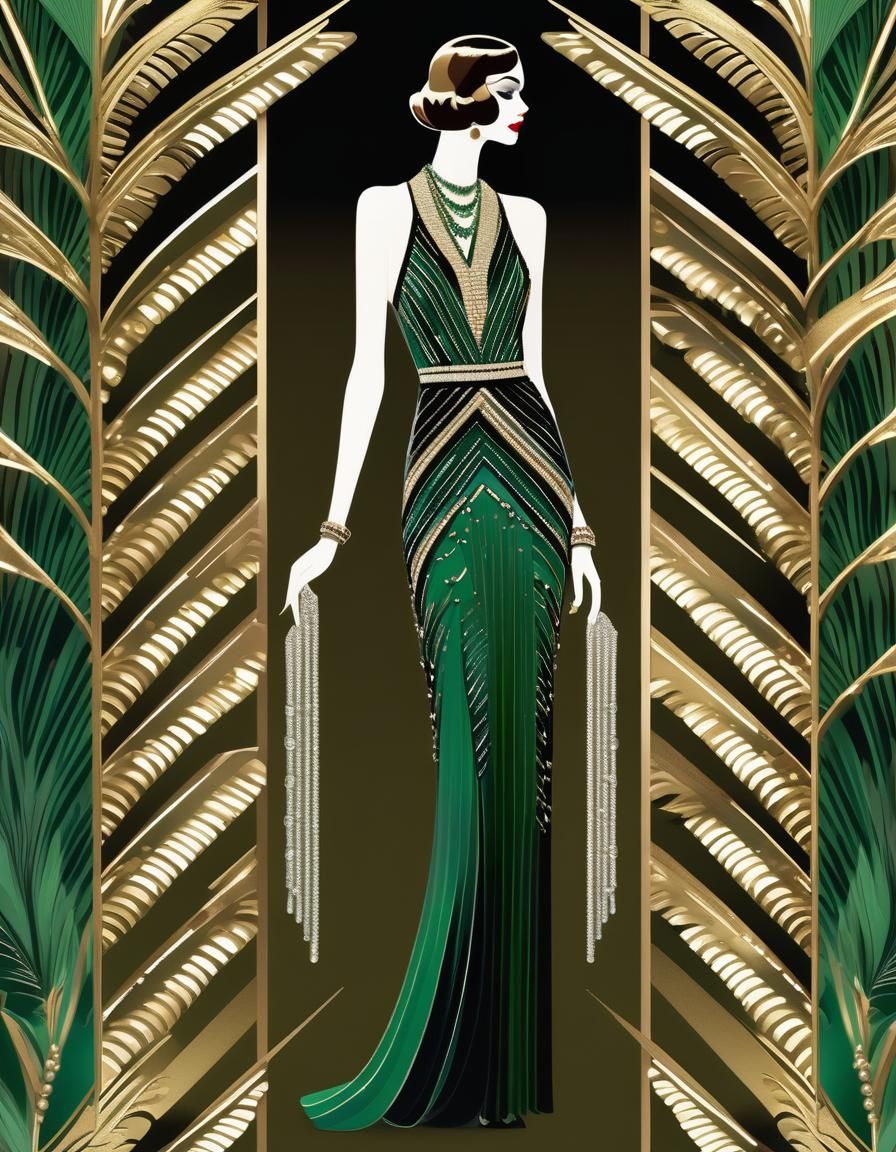 Art Deco Fashion Illustration in Emerald and Gold