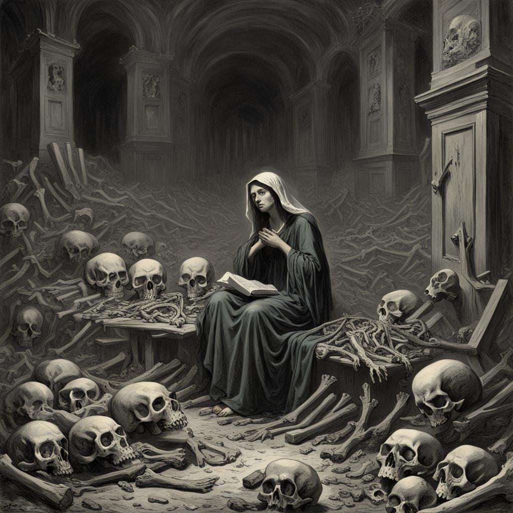 Melancholy Enchantress Amidst Skeletal Remains