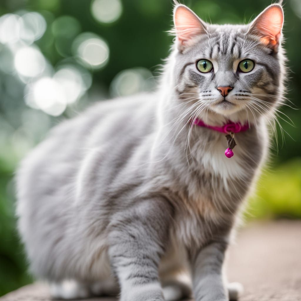 Sleek Gray Cat with Vibrant Green Eyes and Pink Nose