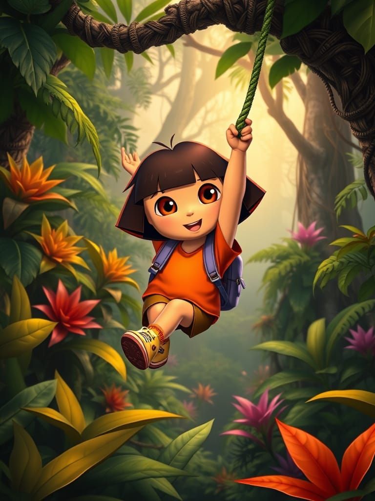 Dora the Explorer in a Realistic Jungle Scene