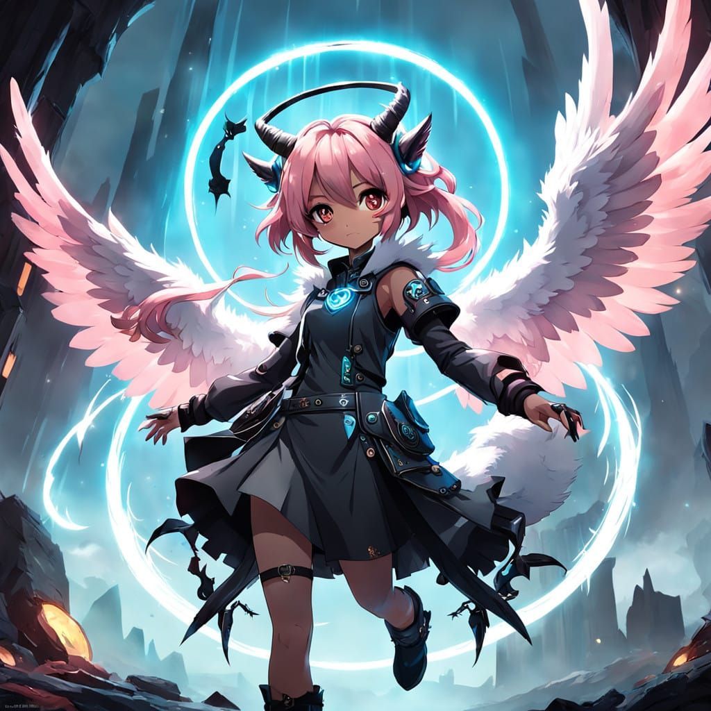 Whimsical Anime Angel-Devil Hybrid in Vibrant Colors