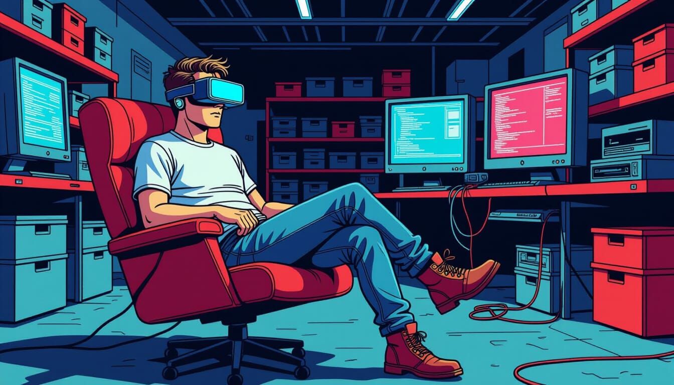 Retro-Sci-Fi Comic: Man in Cyberpunk Warehouse