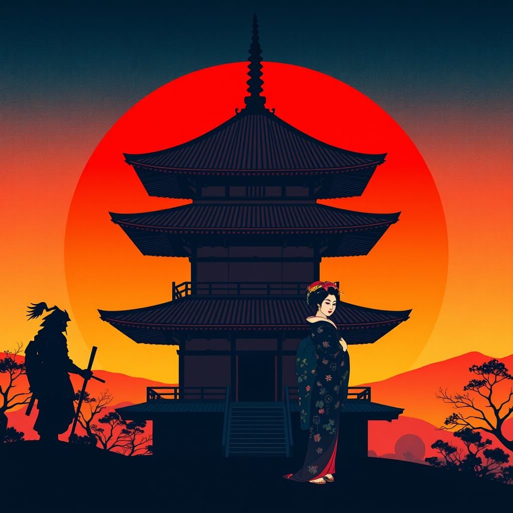Pagoda Sunset with Samurai and Geisha in Ukiyo-e Style