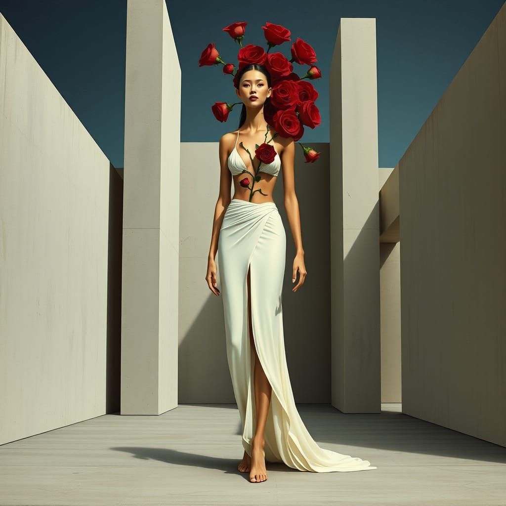 Surreal Figure with Rose Torso Amidst Geometric Architecture