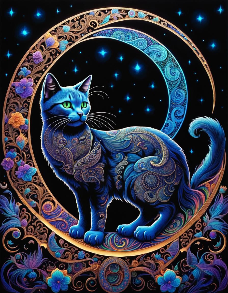 Mystical Filigree Cat on Crescent Moon in Blacklight