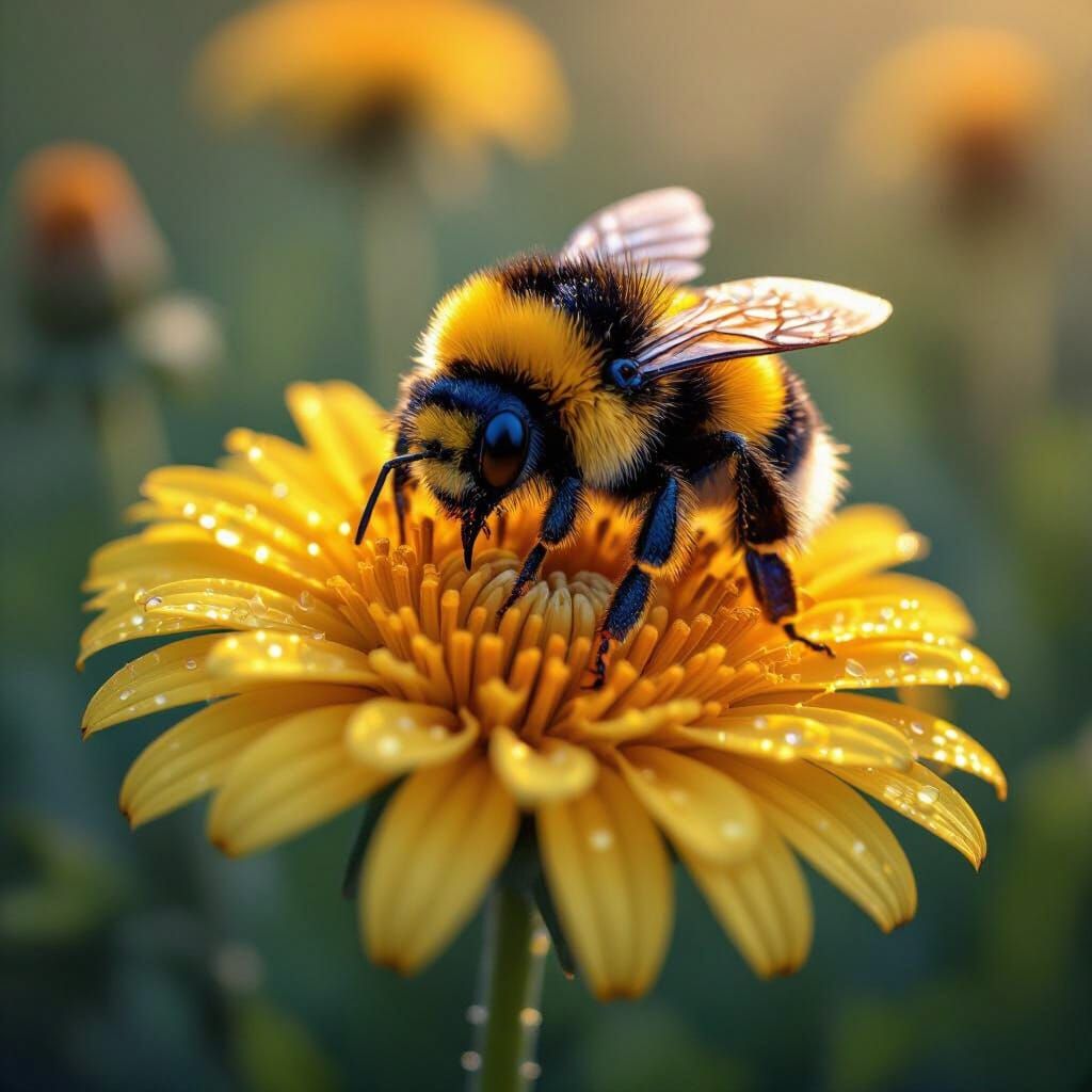Bumblebee on Dewy Dandelion: Photorealistic Close-Up