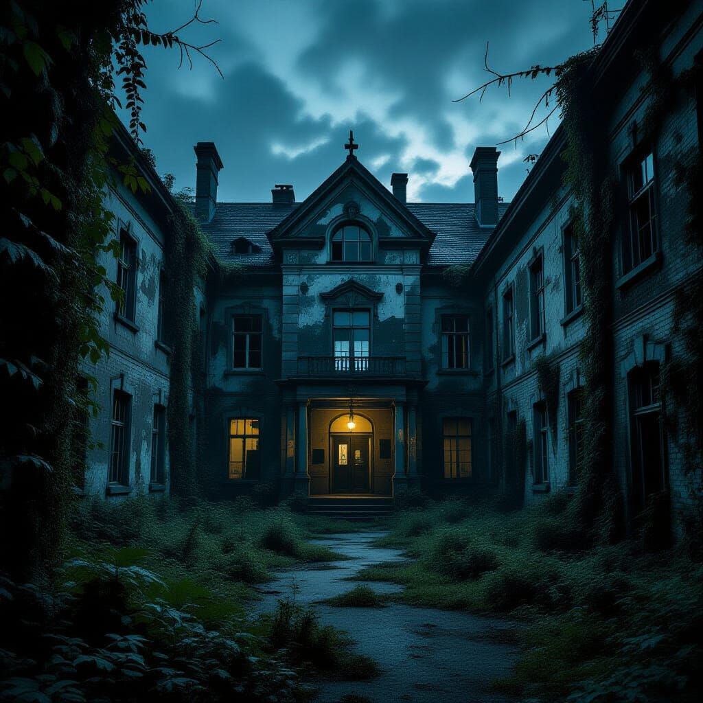 Eerie Abandoned Asylum at Dusk in Biomechanical Style