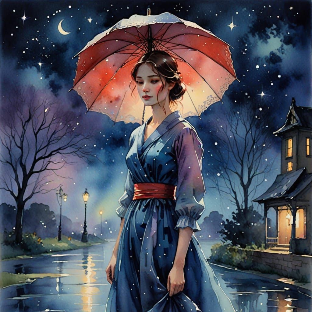 Romantic Blue Moonlit Night in Impressionist Style