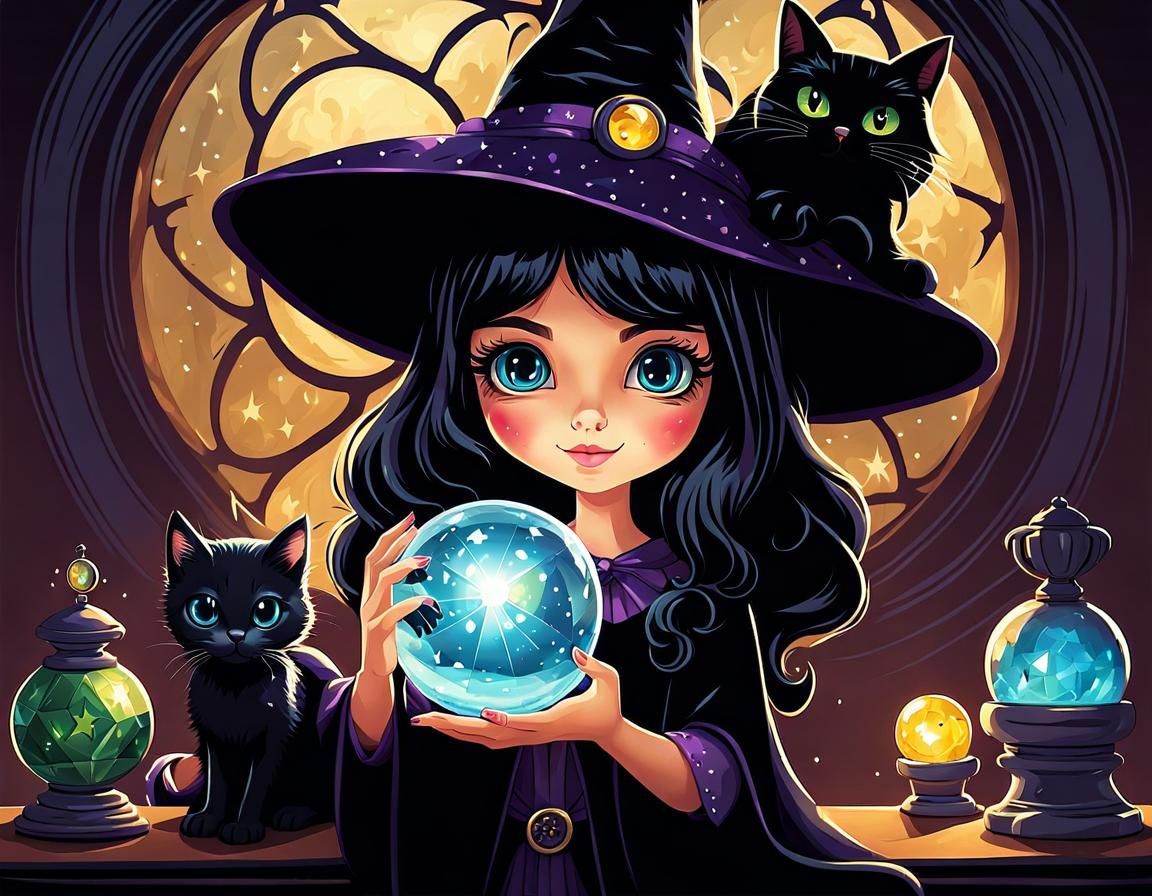 Cute Young Witch Casting Spells with Cat
