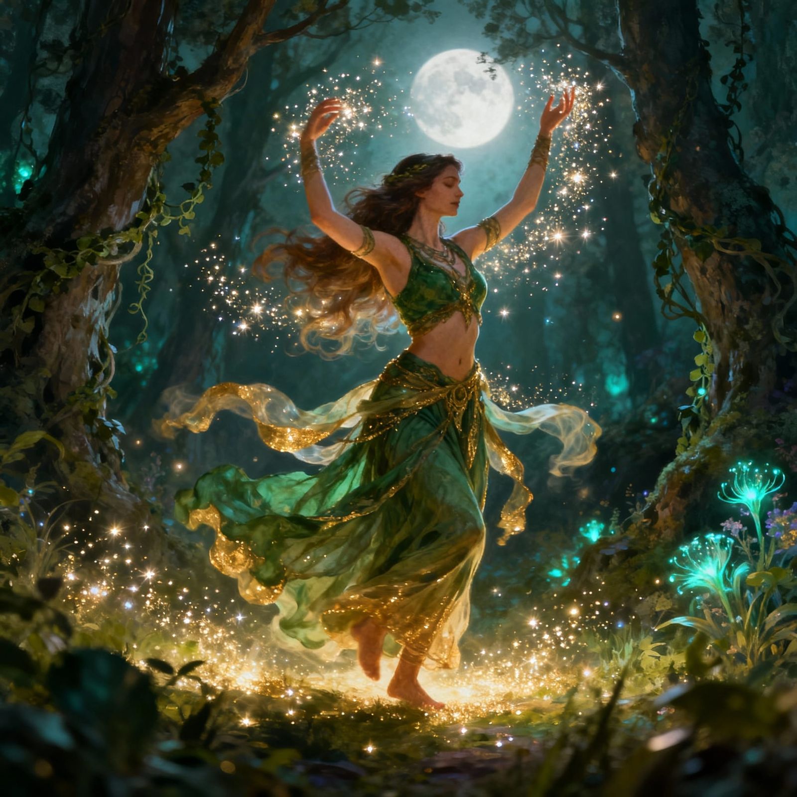 Wiccan Druid Dancing in Glittering Light