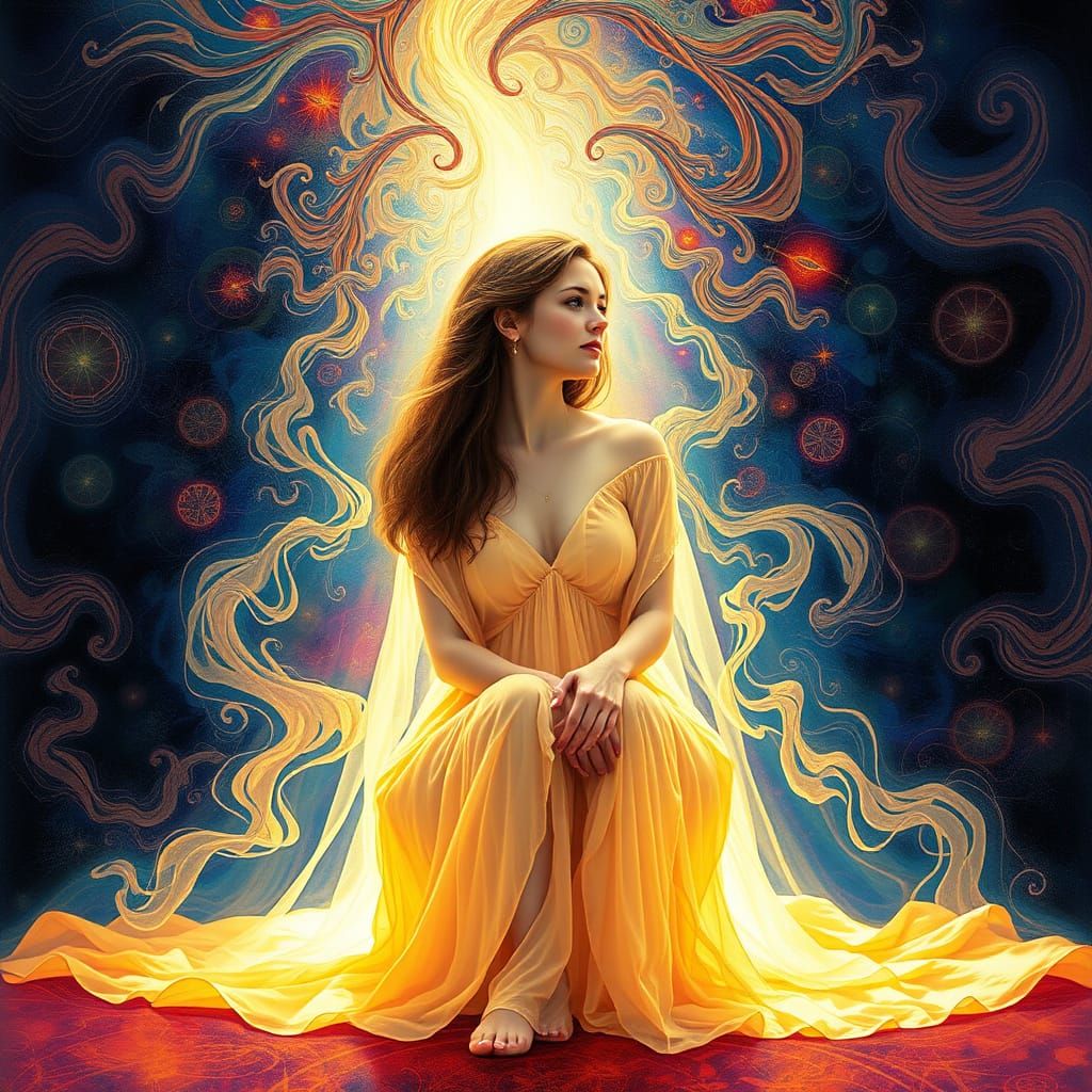 Ethereal Woman in Mystical Light, Symbolic Art Style