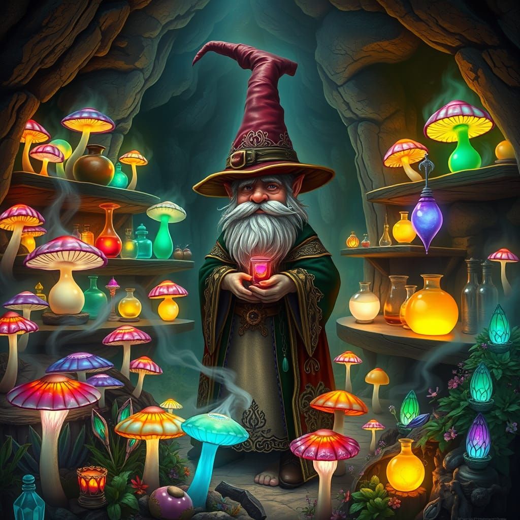Enchanted Gnome Alchemist in a Radiant Cavern