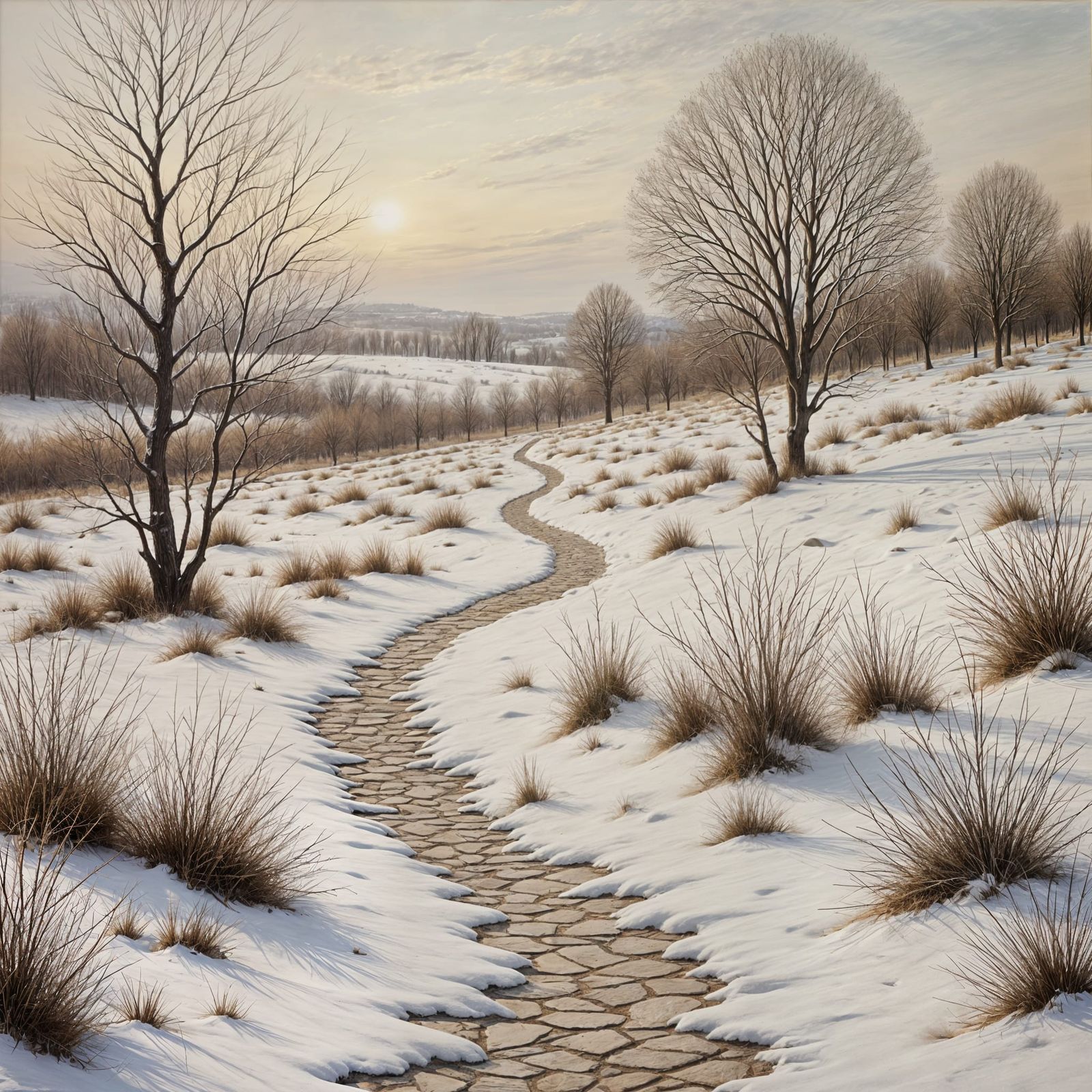 Serene Winter Path in Antique Watercolor Style