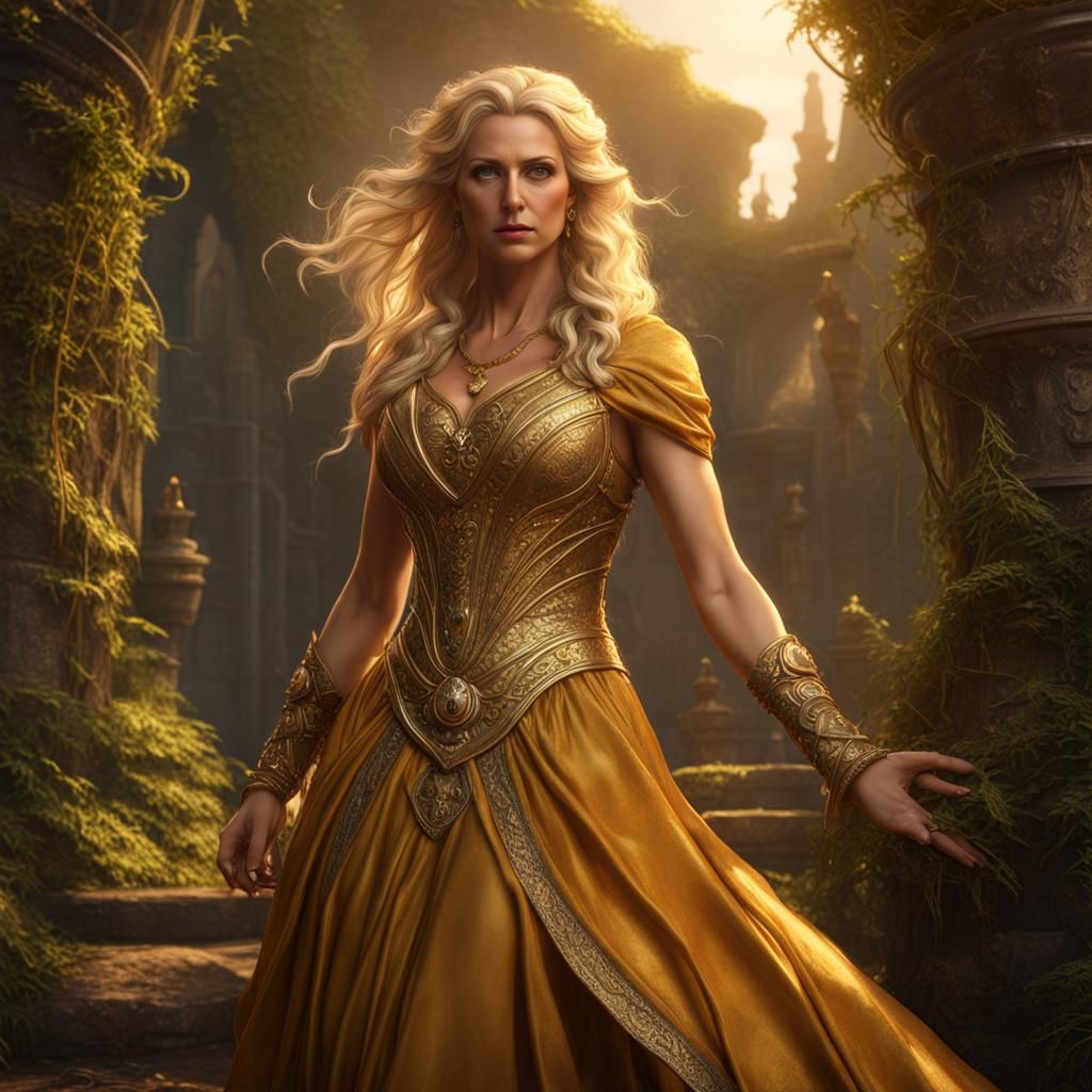 Golden Summer Goddess in Flowing Dress