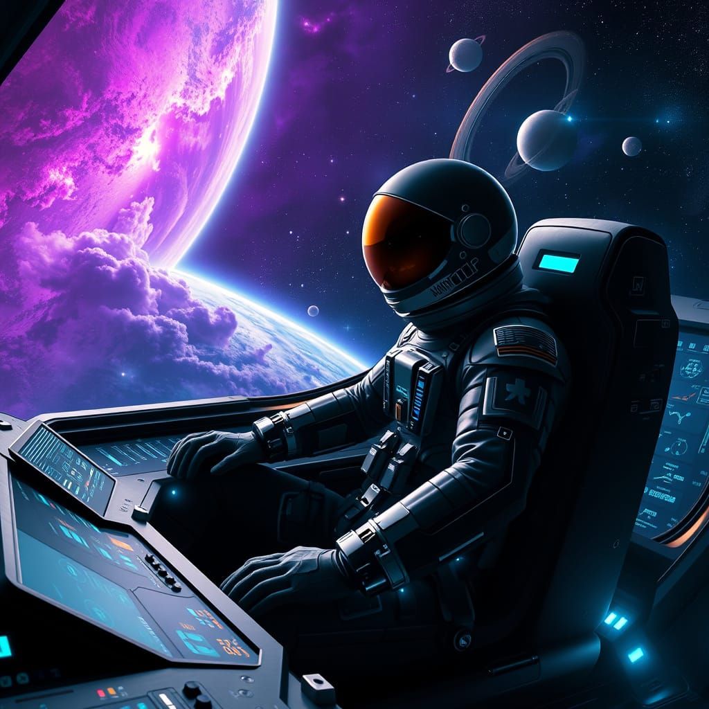 Space Explorer in Futuristic Starship Over Nebula