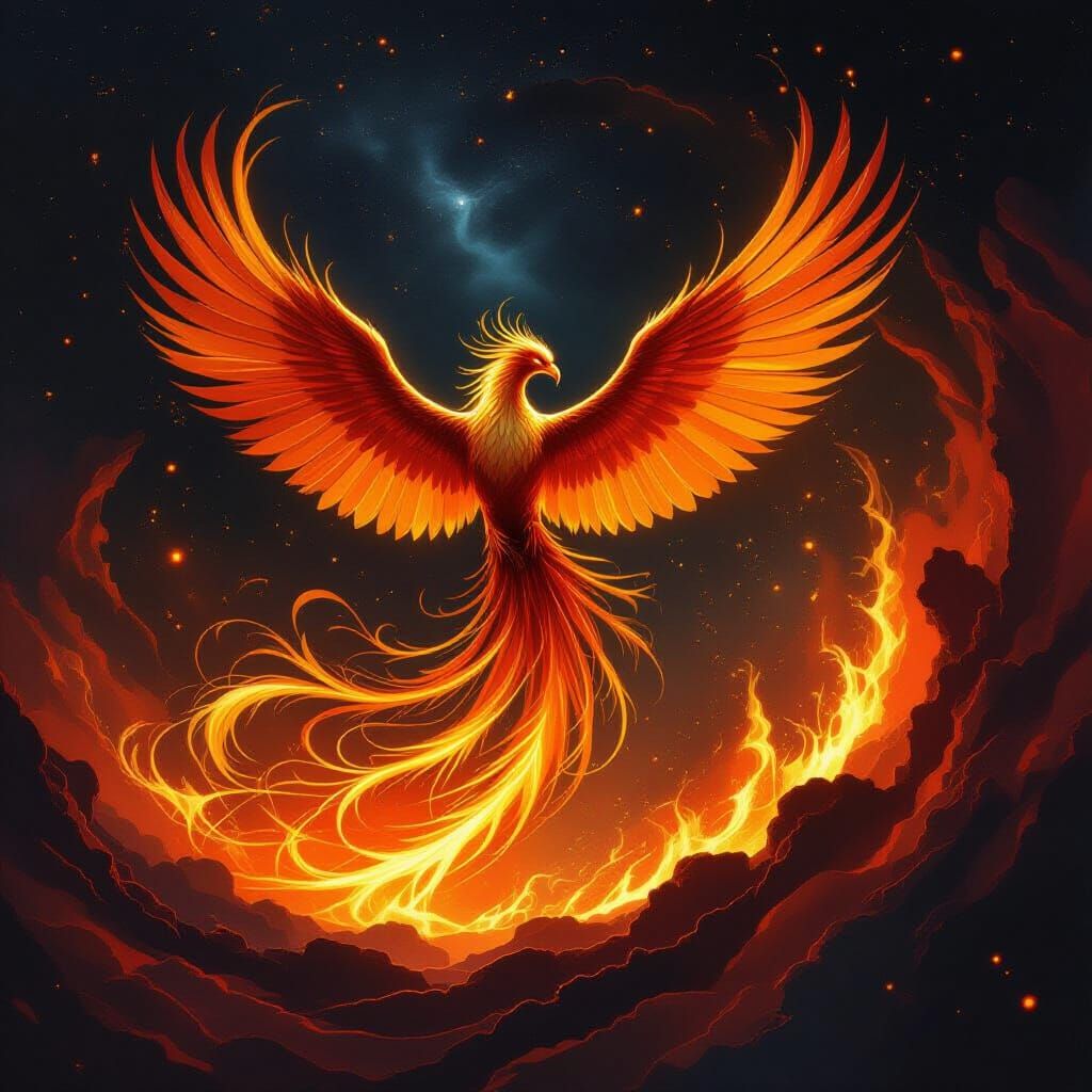 Majestic Phoenix Rises from Fiery Vortex in Cosmic Expanse