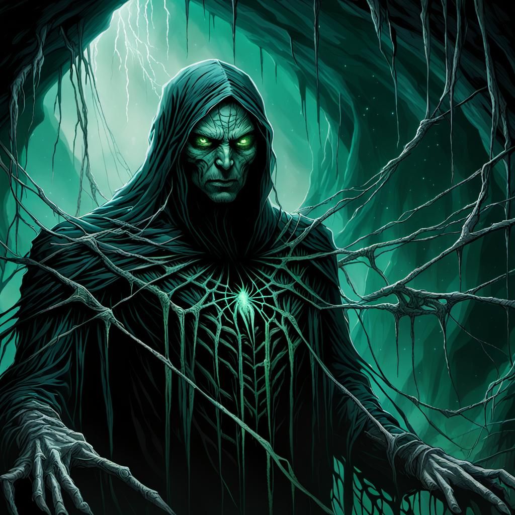 Dark Fantasy Drider Weaving Web in Misty Cave
