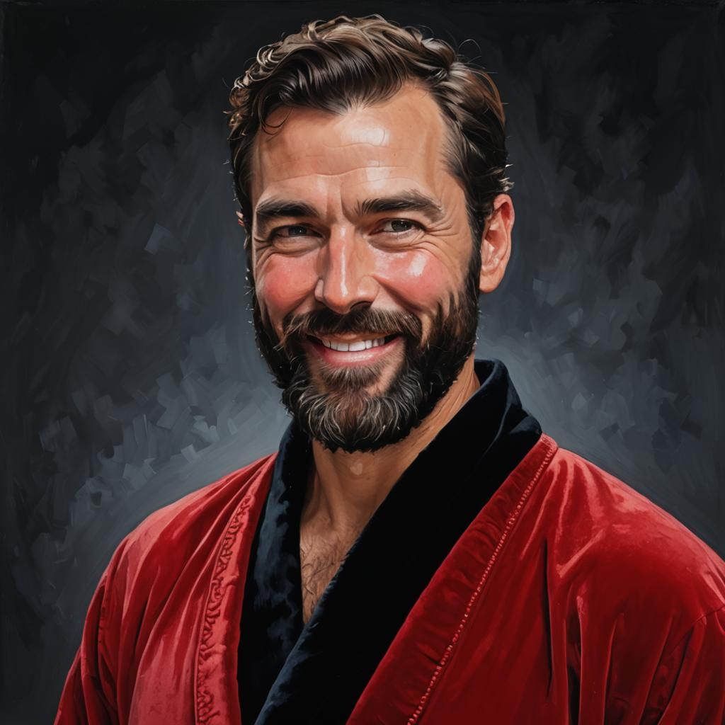 Joyful Man in Red Velvet Bathrobe as Impressionist Oil