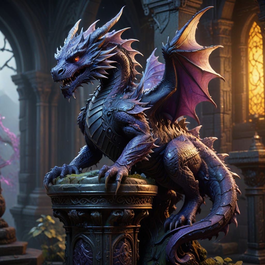 Dark Fantasy Baby Dragon on Gothic Pedestal