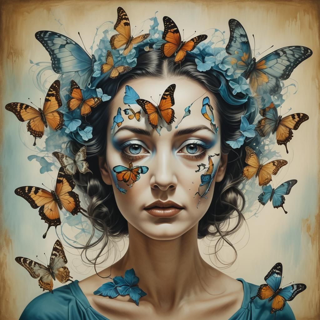 Surreal Portrait: Woman and Butterfly in Double Exposure
