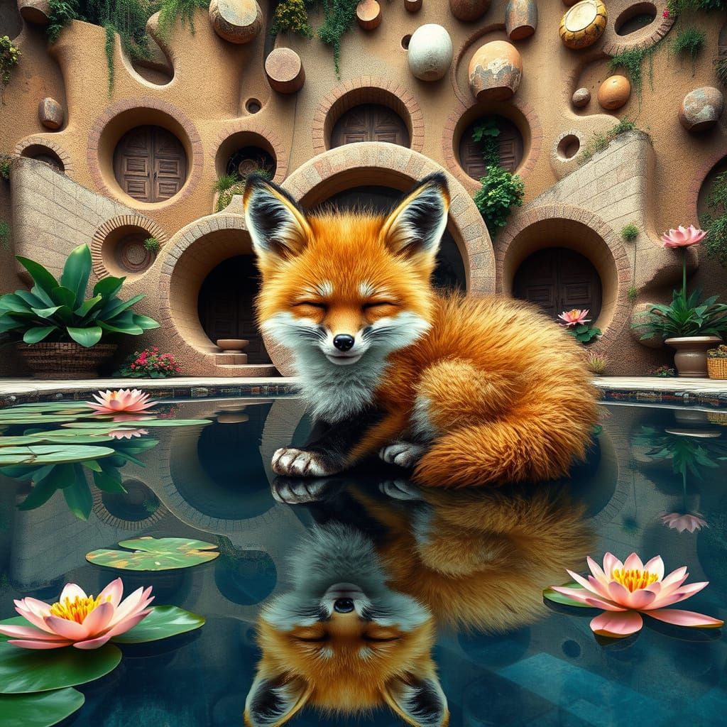 Relaxed Fox Kit Snoozing by Reflecting Pool