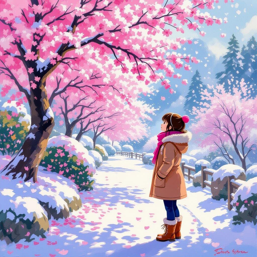 Girl Gazing at Cherry Garden in Impressionist Style