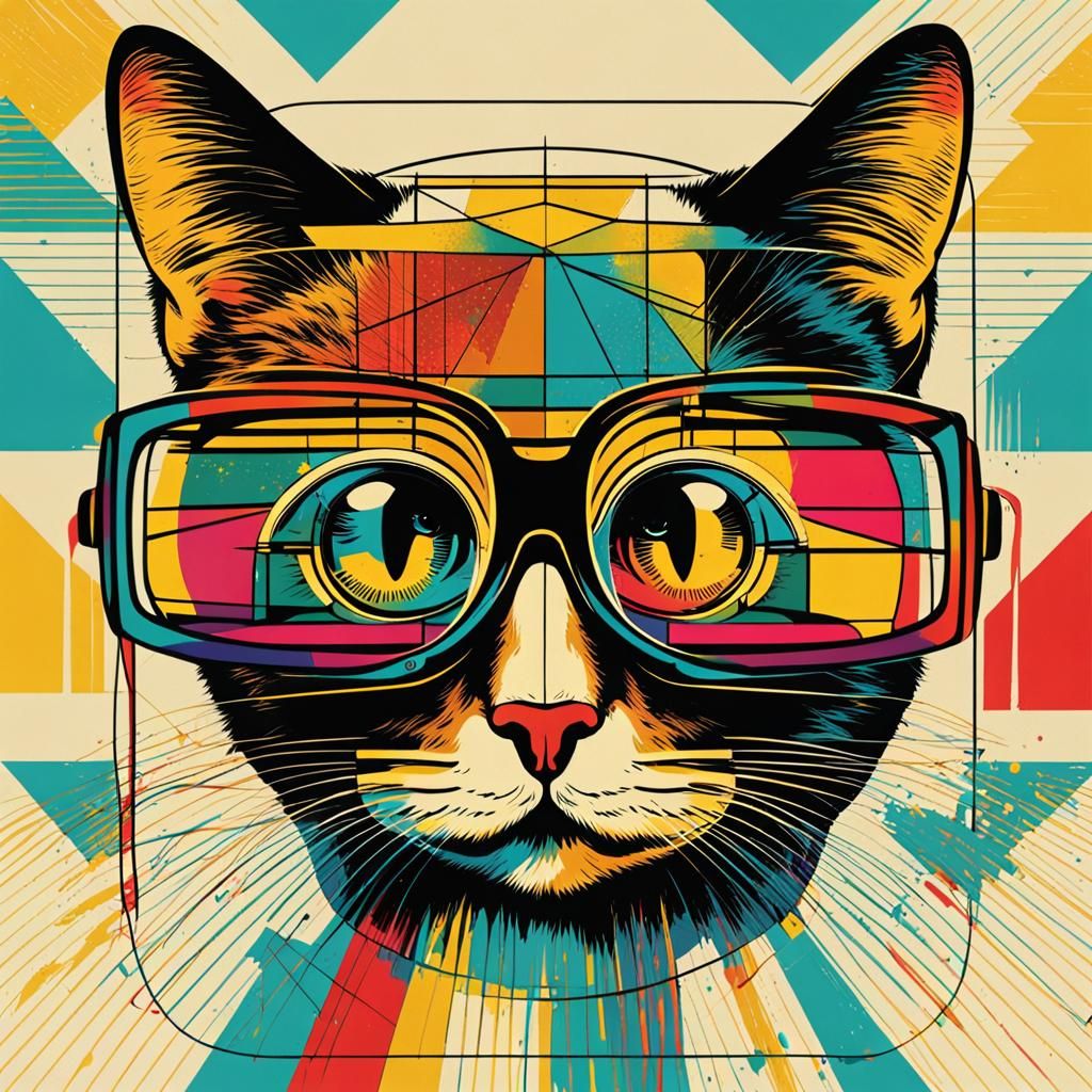 Pop Art Cat with Glasses in Bauhaus Style