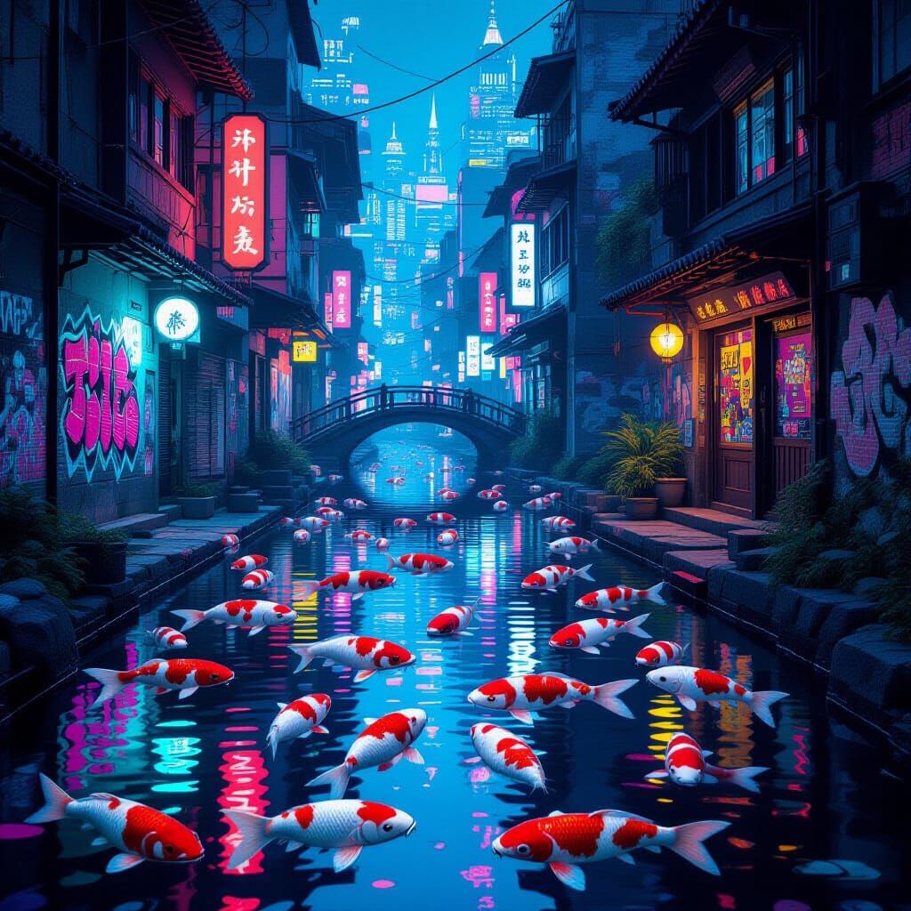 Cybernetic Koi Pond Reflects Neon Metropolis