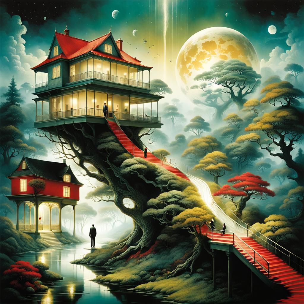 Surreal Stargate Dreamscape with Bonsai and Cottages