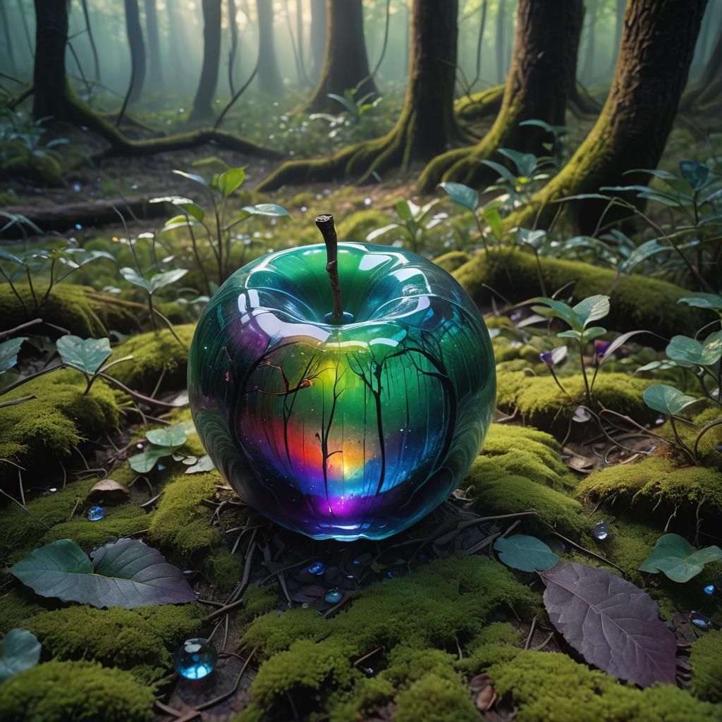 Rainbow Glass Apple in Misty Forest: Fantasy Art