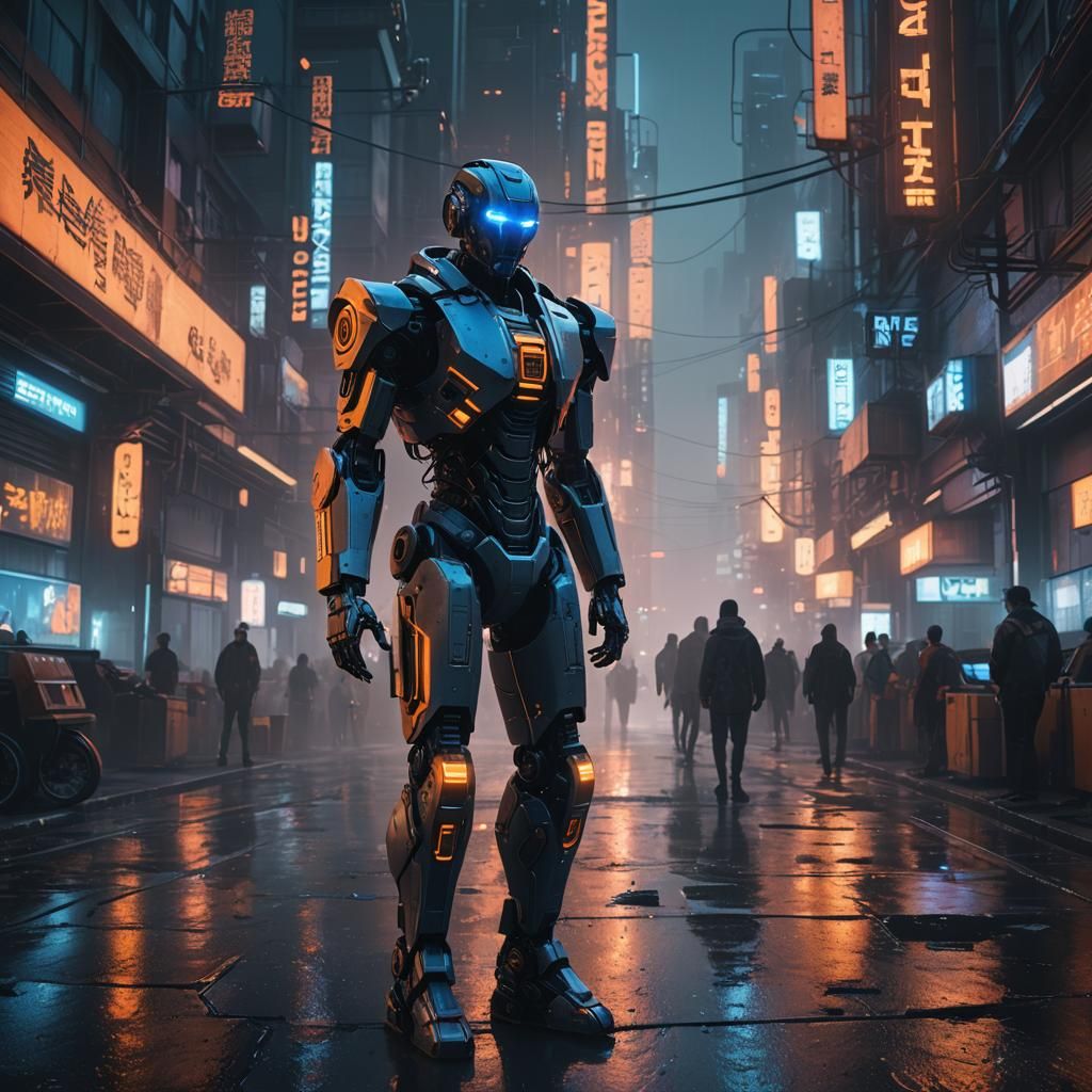 Cyberpunk Robot in Neon Noir Cityscape