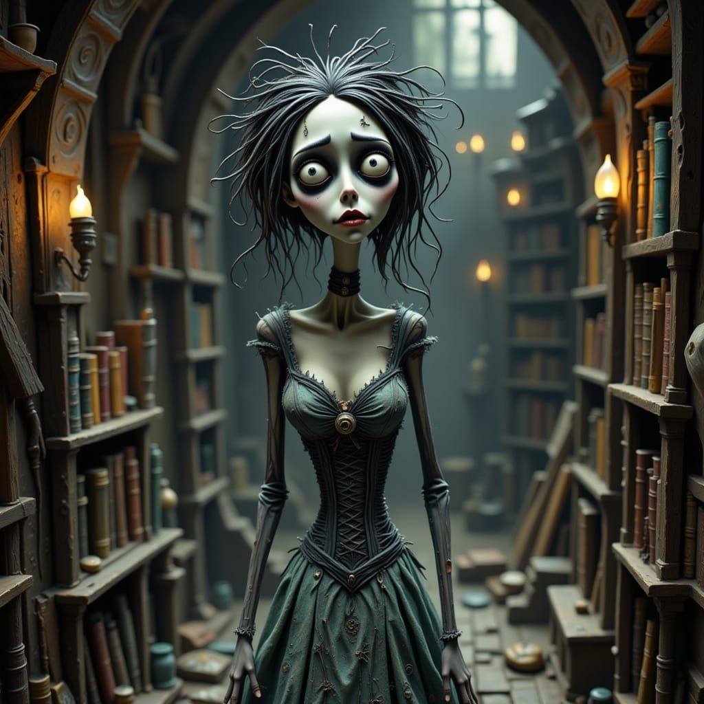 Eerie Female Zombie in a Dusty Attic