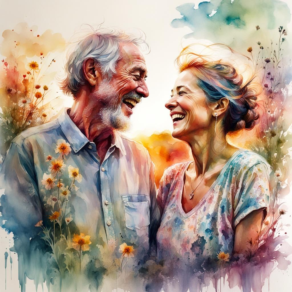 Warm Watercolor of an Elderly Couple Laughing