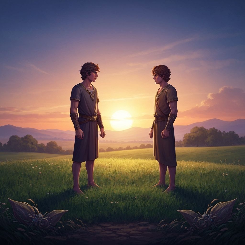 Cain and Abel at Sunrise in Matte Painting Style