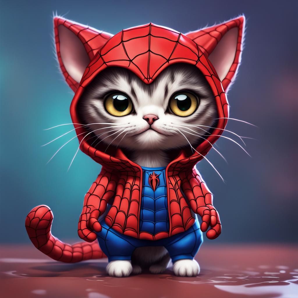 Chibi Cat as Spiderman with Owner as Spiderwoman