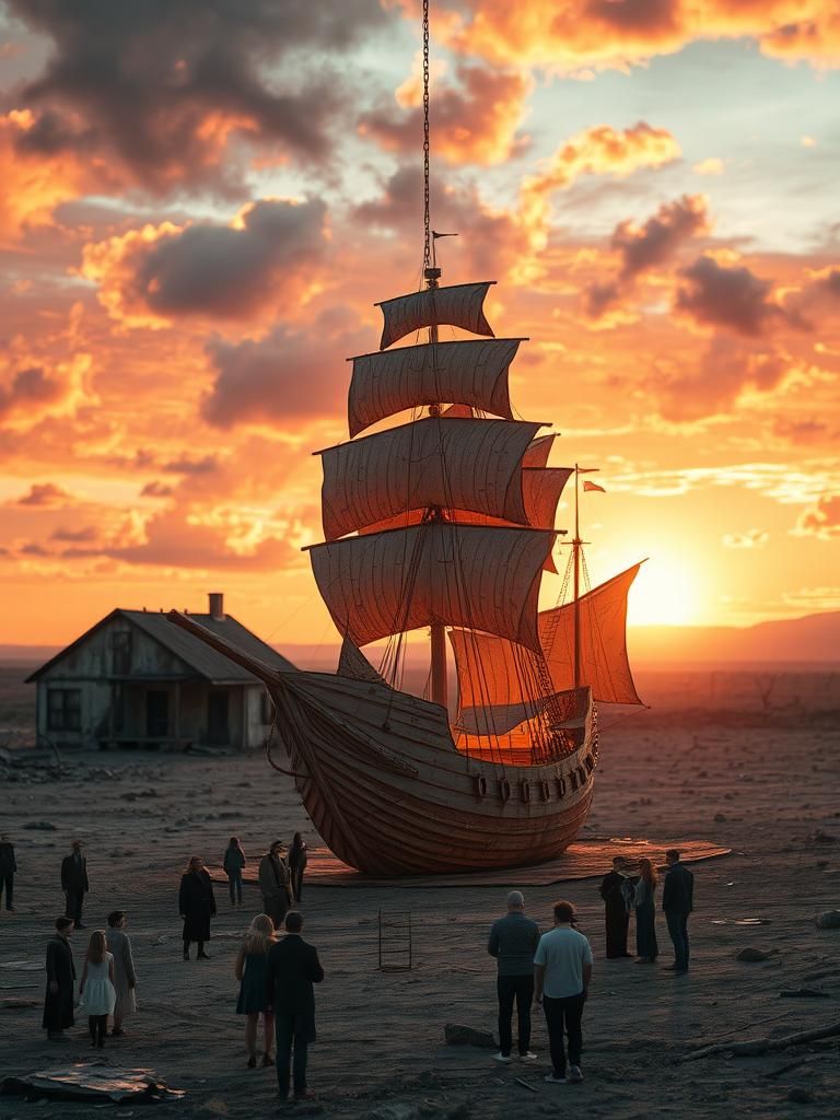 Apocalyptic Sunset: Surreal Paper Ship Landscape