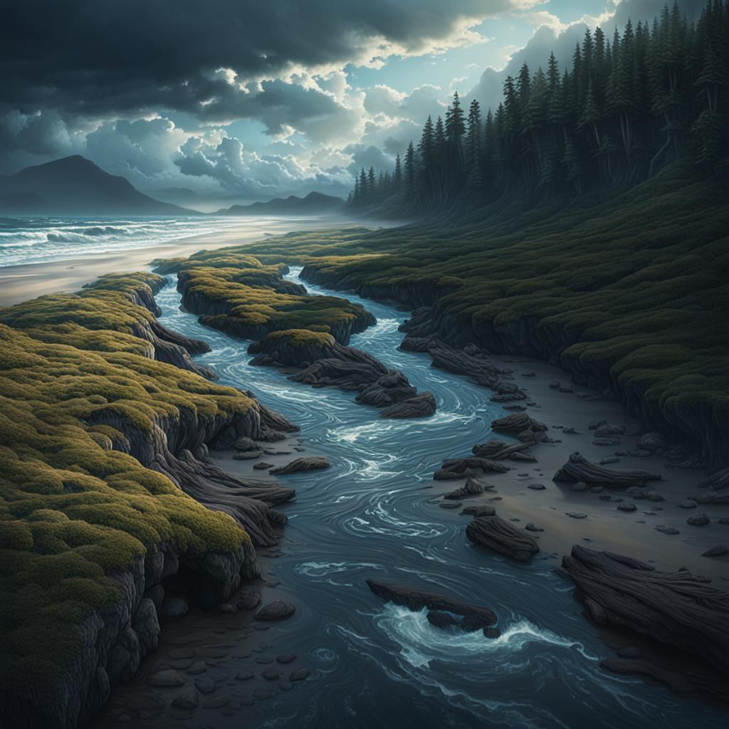 Scenic Stream Flows to the Ocean