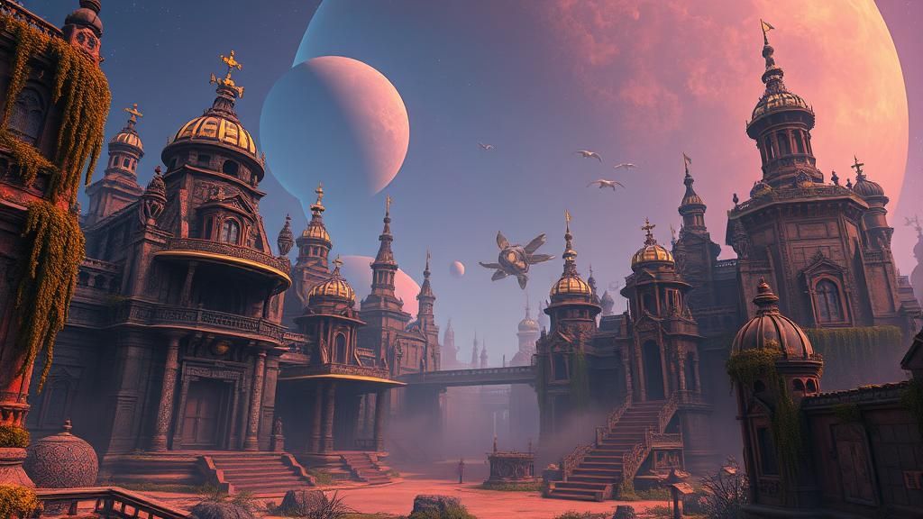 Ethereal Exoplanet Ruins in a Sci-Fi Landscape