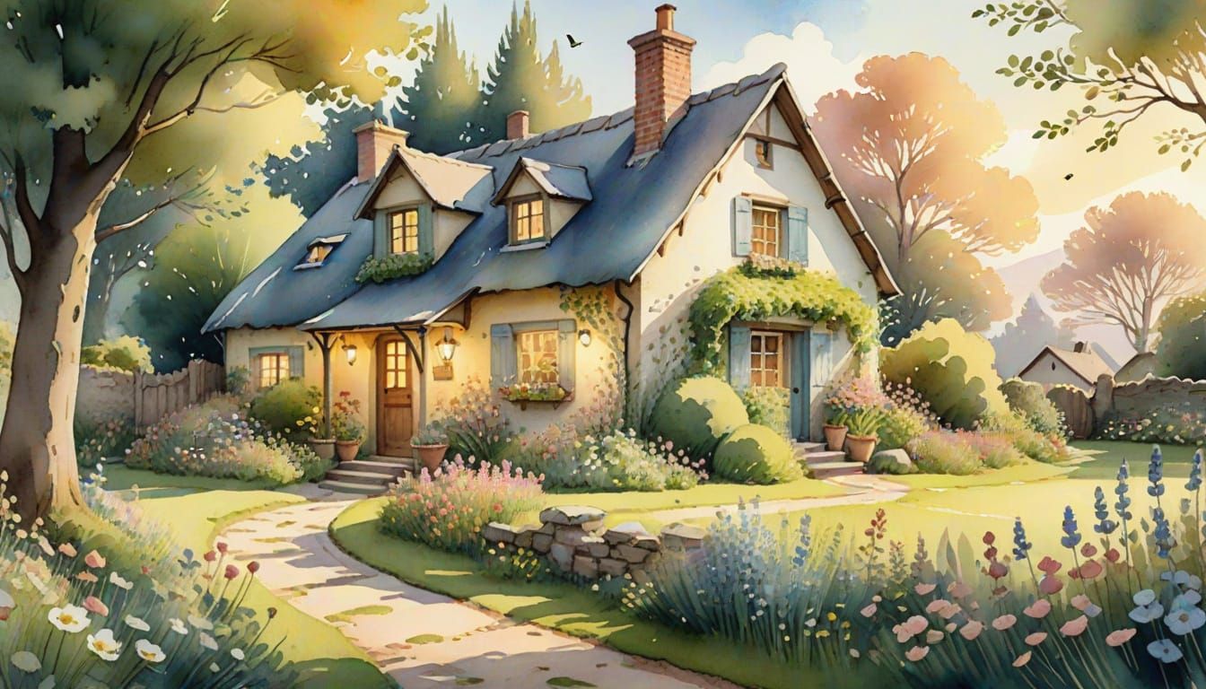 Romantic Whimsical Cottage Scene with Blooming Flowers and T...