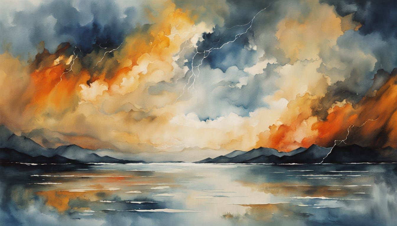 Turbulent Stormy Lake in Expressionist Watercolour