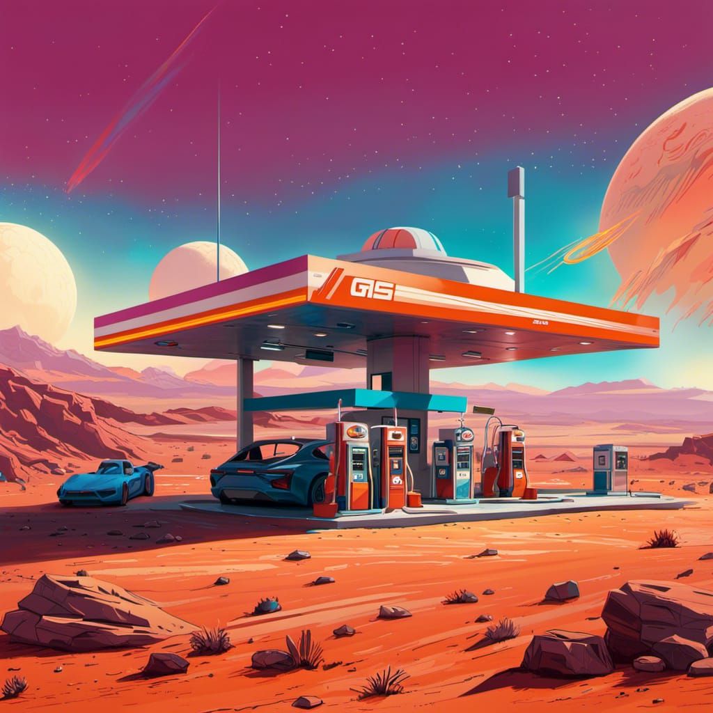 Futuristic Gas Station on Mars: Retro Splash Art
