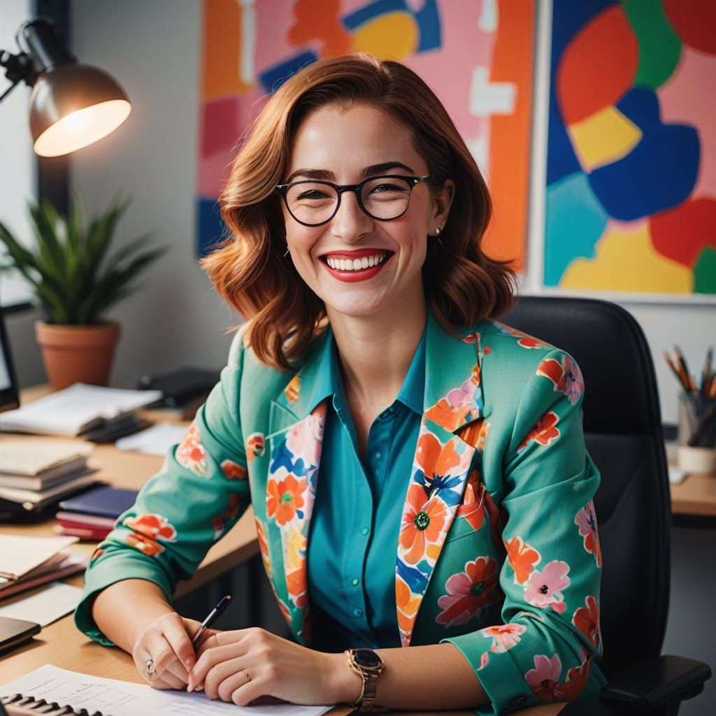 Vibrant Secretary in Pastel Hues, Laughing at Desk